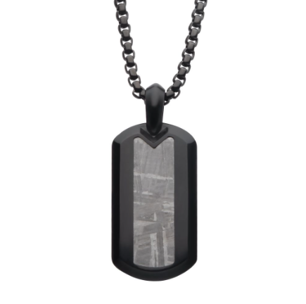 Black Ion-Plated Stainless Steel Meteorite Inlay Dog Tag Pendant with Black IP Box Chain, 24"