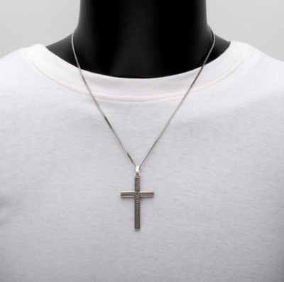 Sterling Silver Chevron Cross Pendant with Antiqued Finish Box Chain