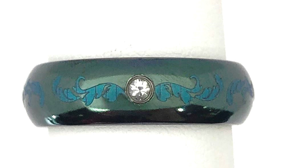 Edward Mirell Black Titanium Domed Anodized Teal Band with Diamond