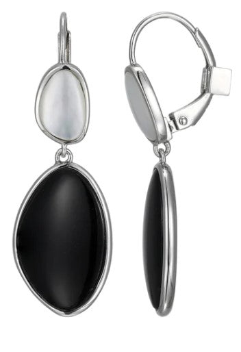 Rhodium Plated Sterling Silver ELLE "Pebble" Black Agate and Mother of Pearl Dangles