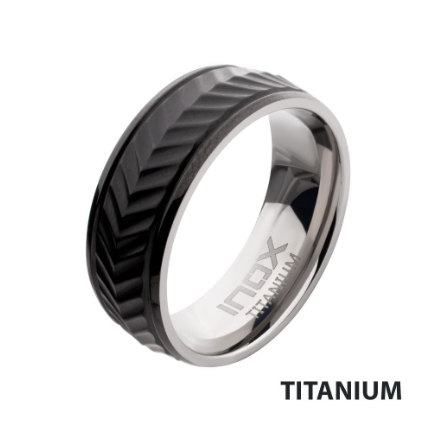 Black IP Titanium Matte Finish Chevron Comfort Fit Ring, Sz 10.5