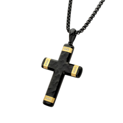 Two-Tone Black and Gold Ion-Plated Plated Carved Steel Cross Necklace with Lab-Grown Diamonds