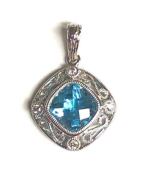 14KW Filigree Blue Topaz Cushion-Cut Pendant