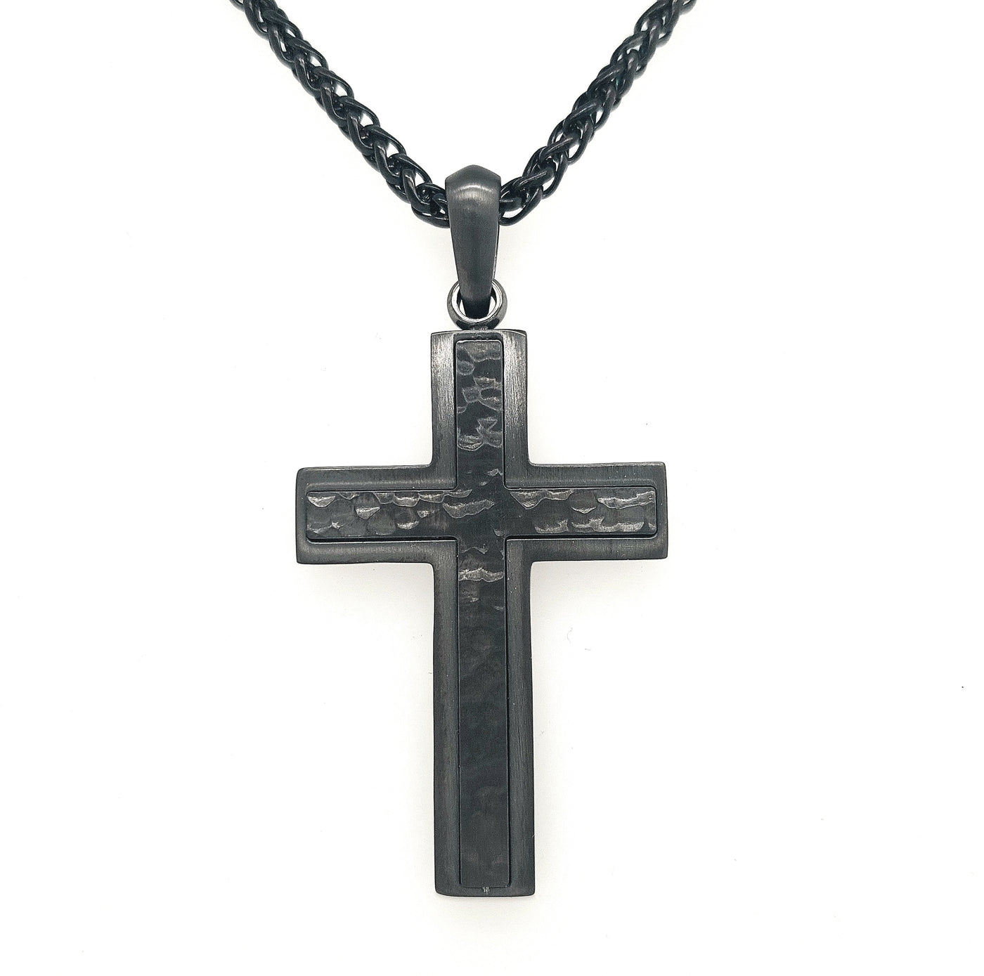 Stainless Steel Gun Metal IP Hammered Cross Necklace (24 inches)