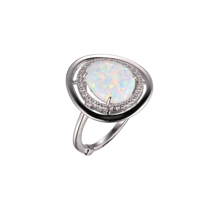 Sterling Silver Rhodium Plated "Halo" Synthetic Opal Ring (Size 7)