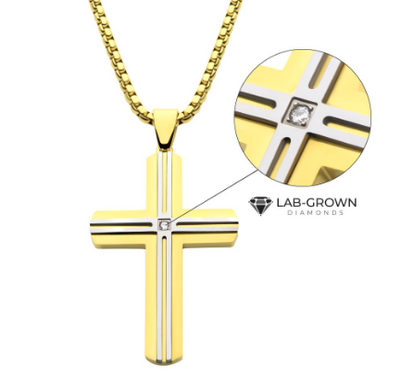 Stainless Steel Thin Line Layered Cross Pendant with Lab-Grown Diamond Accent