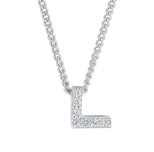 Platinum Finish Sterling Silver Micropave L Initial Pendant with Simulated Diamonds on 18" Curb Chain