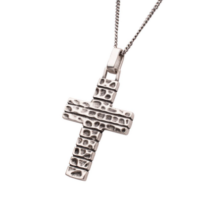 Sterling Silver Hammered Cross Pendant with Antiqued Finish Box Chain