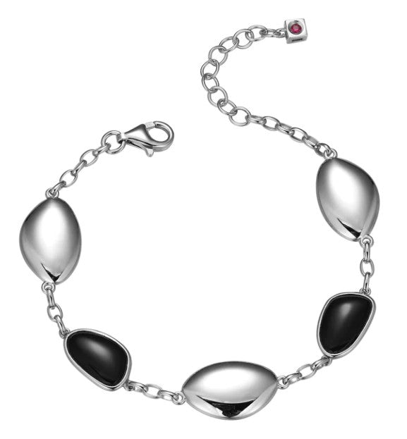 Rhodium Plated Sterling Silver ELLE "Pebble" Black Agate Station Bracelet