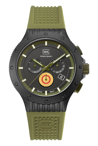 Gents Black Titanium Glock Watch with Black Dial and Green Silicone Strap