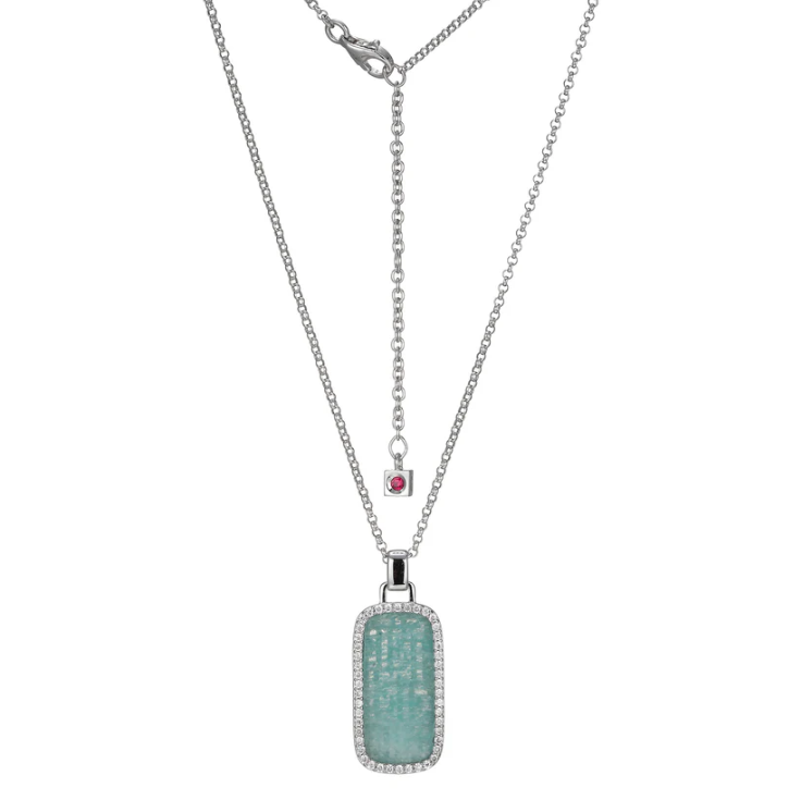 Sterling Silver ELLE "Allure 2.0" Rhodium-Plated Amazonite and CZ Necklace (28" + 2")