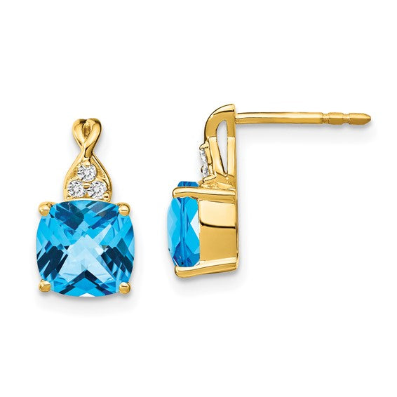 14KY Checkerboard Blue Topaz and Diamond Earrings