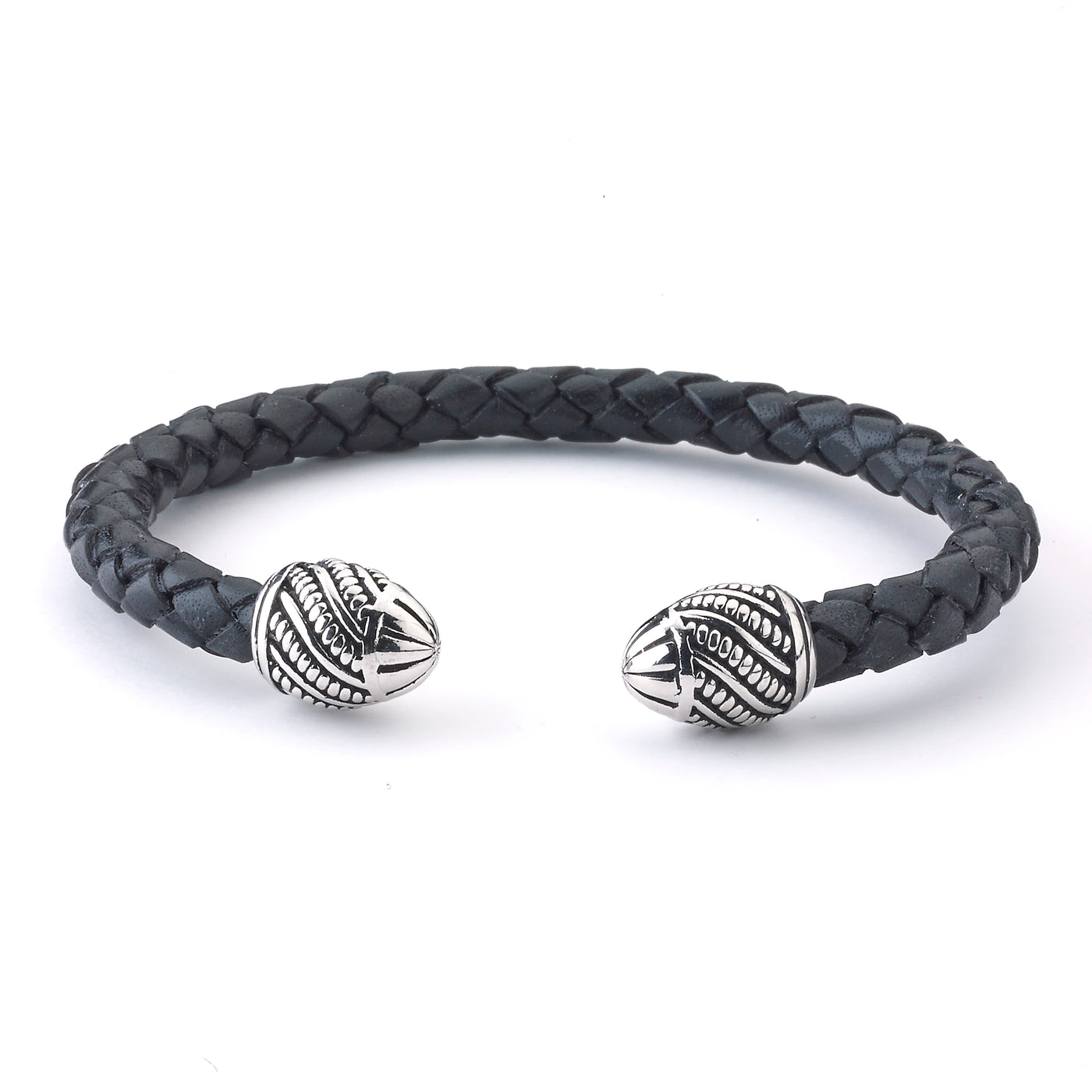 SS End Caps On Woven Black Leather "Pineapple" Bangle