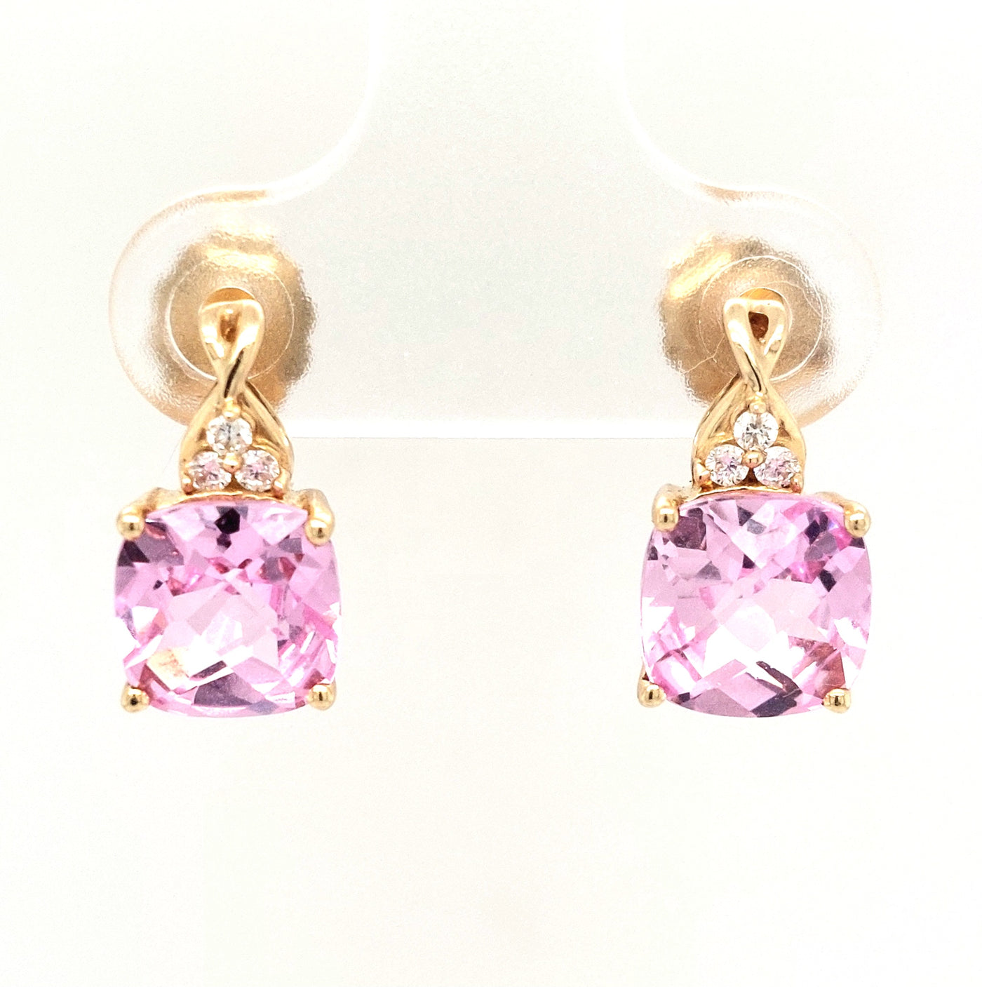 14KY Checkerboard Created Pink Sapphire and Diamond Earring Pair