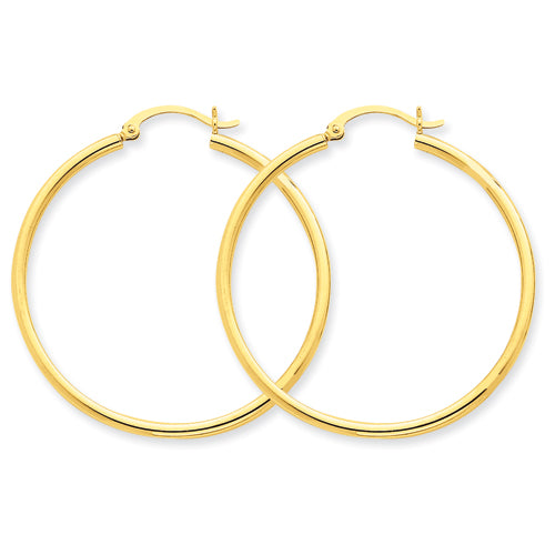 14KY Polished 2x40mm Lightweight Tube Hoop Earrings