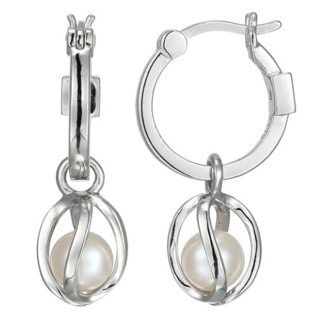 Rhodium Plated Sterling Silver ELLE "Luna" Pearl Drop Hoops