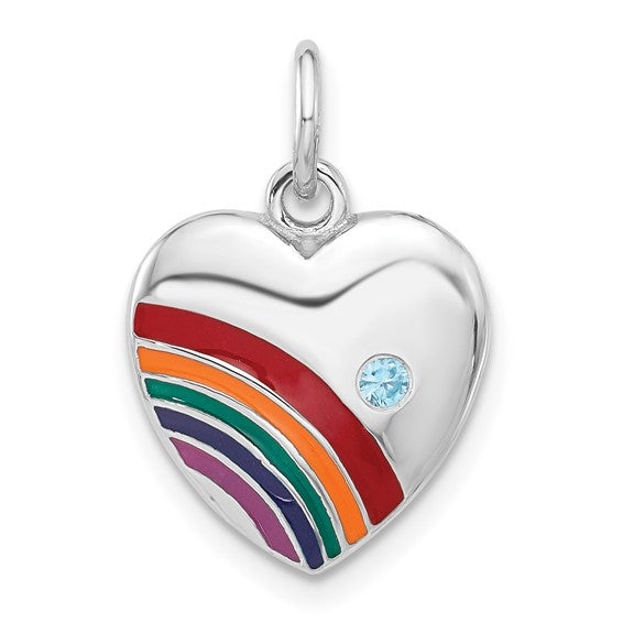 Sterling Silver Rhodium-plated Rainbow Heart Pendant with Cubic Zirconia