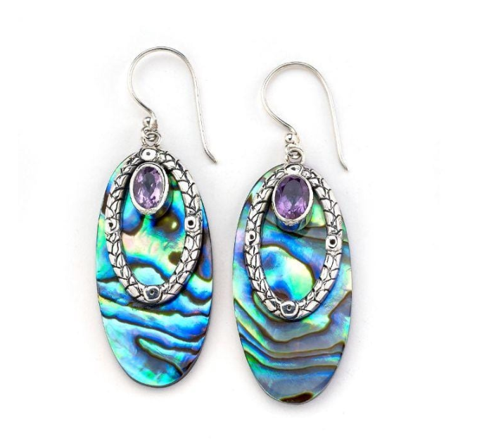 SS Oval Abalone "Bora Bora" Earrings w/ Amethyst Accents