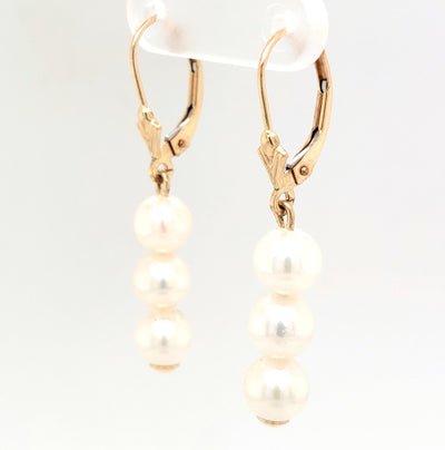 14KY AAA Freshwater Triple Dangle Pearl Earrings with Lever-Backs