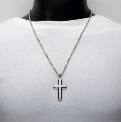 Stainless Steel Brushed Finish Cross Necklace with Lab-Grown Diamond