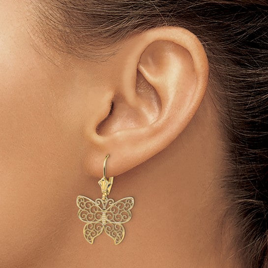 14K Yellow Butterfly with Beaded Filigree Wings Leverback Earrings