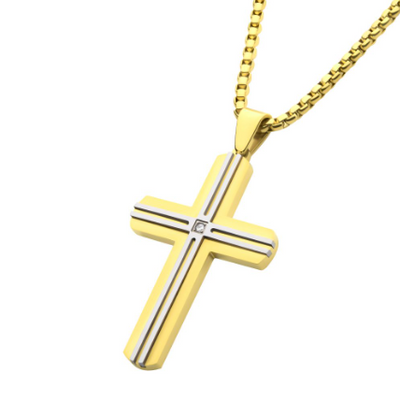 Stainless Steel Thin Line Layered Cross Pendant with Lab-Grown Diamond Accent