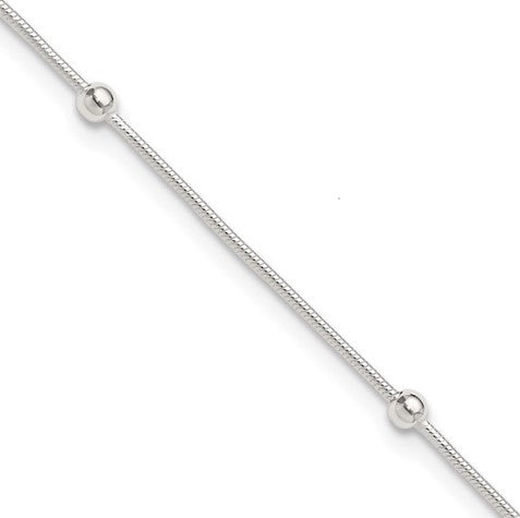 Sterling Silver 10in Plus1.5 in ext Polished Beaded Anklet