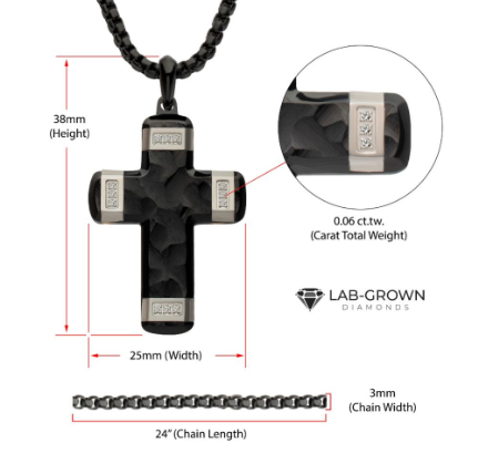 Matte Finish Black Stainless Steel Steel Cross Necklace with Lab-Grown Diamonds