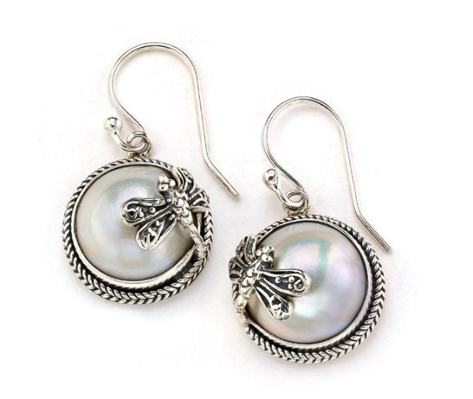 Sterling Silver Round Mabe Pearl "Winter Wing Earrings" with Dragonfly Accents