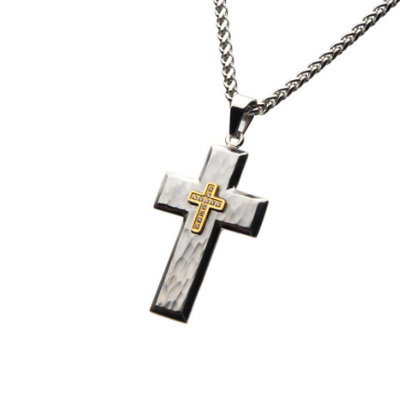 Gold Plated Cross with Cubic Zirconia on Steel Hammered Cross Pendant with Wheat Chain