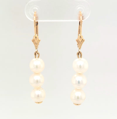 14KY AAA Freshwater Triple Dangle Pearl Earrings with Lever-Backs