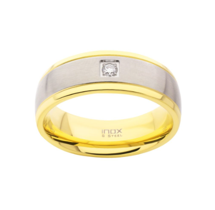 18K Gold IP Steel Two Tone Comfort Fit Ring with Lab-Grown Diamond