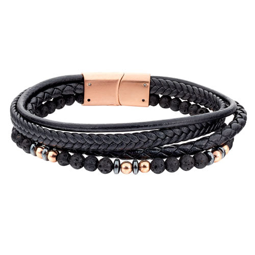 Black Leather 4 Cord Bracelet With Rose Gold And Black Beads