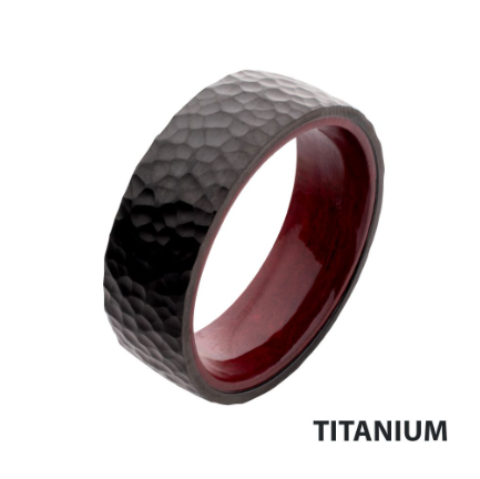 Black IP Titanium & Redwood Matte Finish Hammered Comfort Fit Ring, Size 10.5