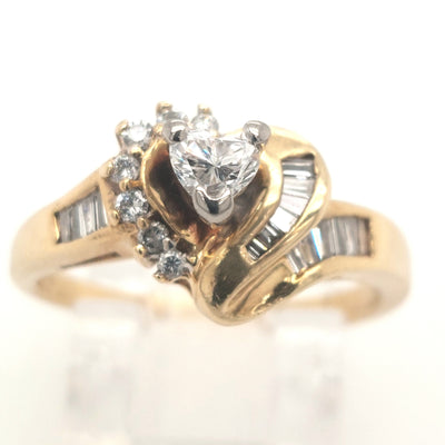 14KY Heart shape, RBC, & baguette diamond ring .50ctTW approximately, 4.0g size 7.25