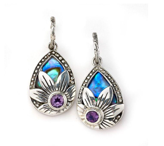 Sterling Silver Paua "Makana Earrings" with Flower Accents and Amethyst