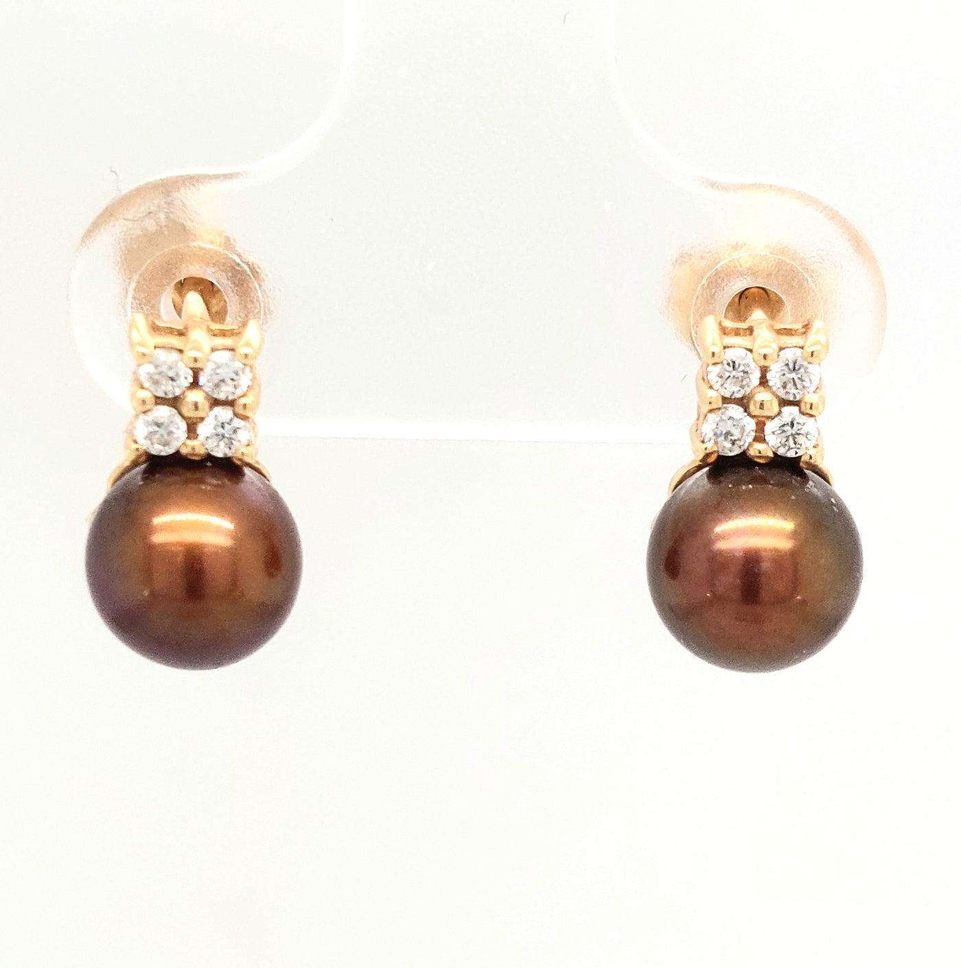 14KY Dyed Chocolate Pearl with Diamond Accent Earring Pair