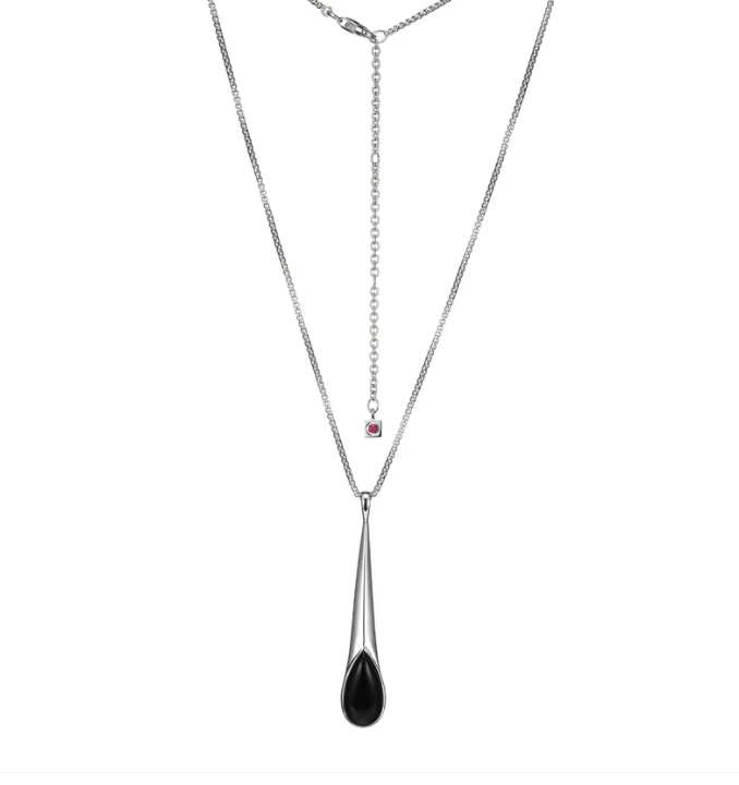 Sterling Silver ELLE "Ethereal Drops" Rhodium Plated Black Agate Necklace