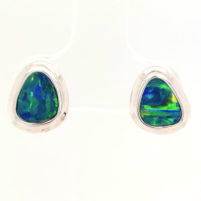 14KW Australian Opal Doublet Wide Bezel Earring Pair