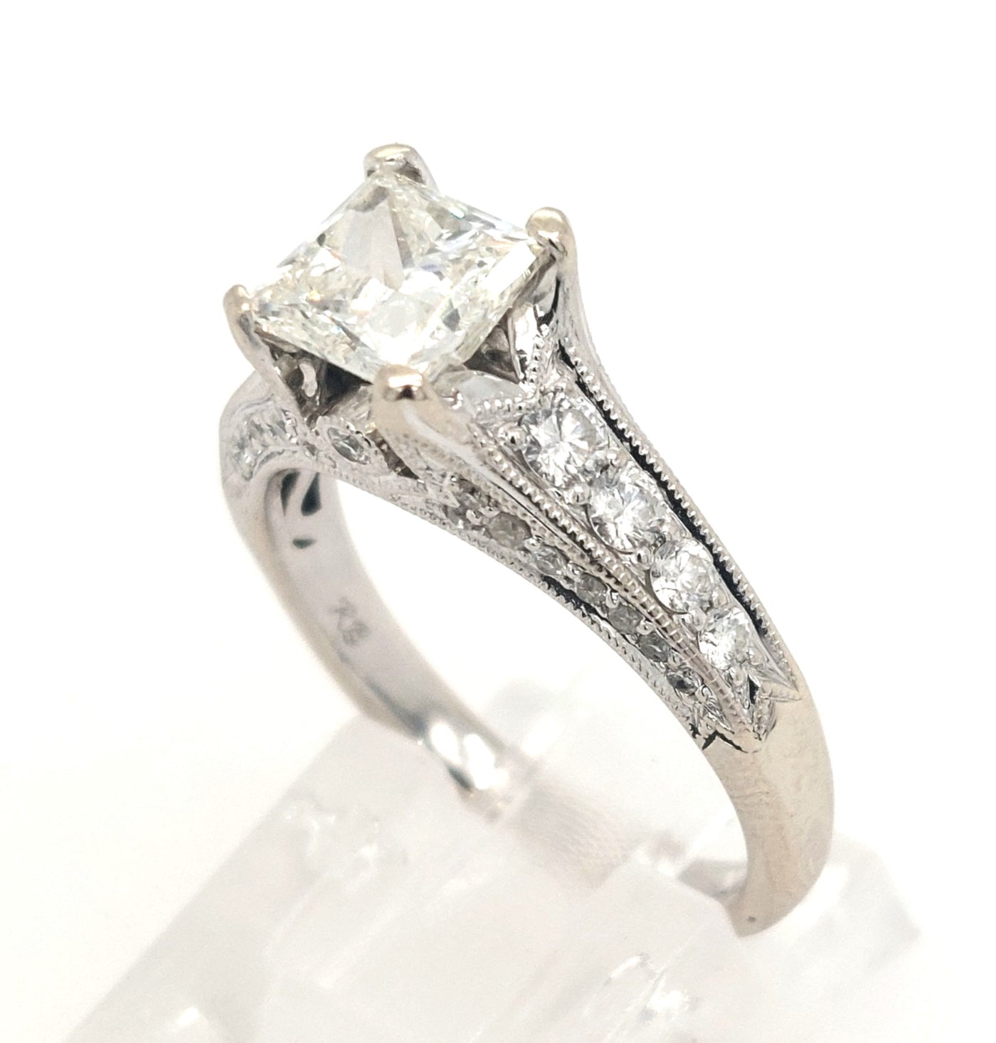 14KW 2.30ctTW Approx.1.30ct J-K/I1 Princess & 1.00ctTW approx of RBC Accent Stones Diamond Engagement Ring