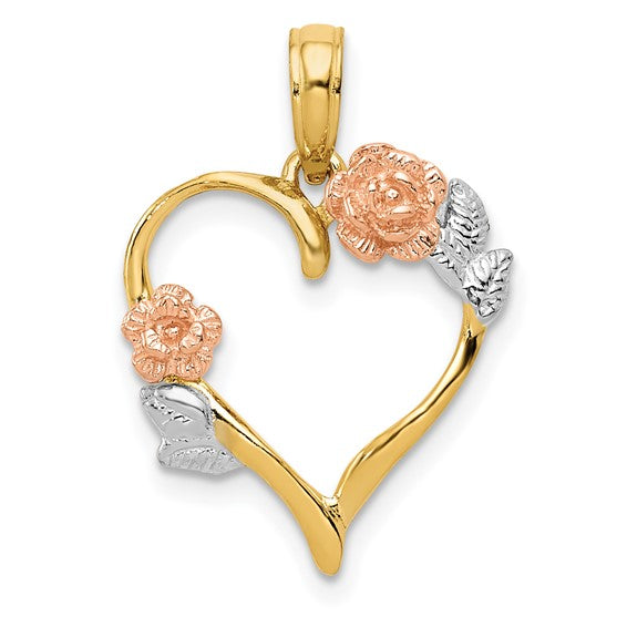 14K Two-tone and White Rhodium Polished Flower Heart Pendant