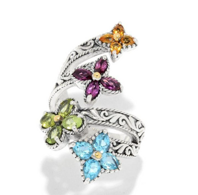 Sterling Silver & 18KY Multi Gemstone Flower "Hana Ring"