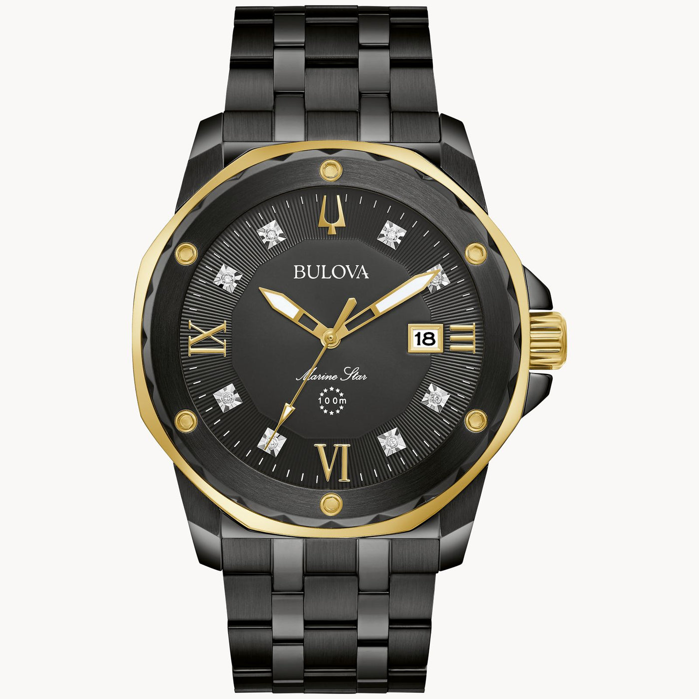 Gent's Black Tn Bulova "Marine Star" with Black Sunray Dial with Diamonds & Gold Accents